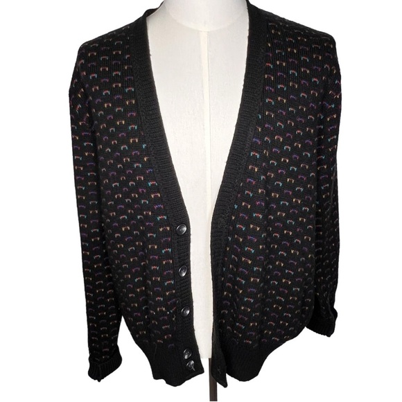 Vintage Jantzen Retro Ditsy Black Print V Neck Cardigan Sweater Size L USA Made - Picture 12 of 12
